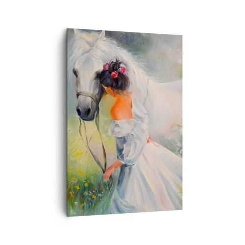 Cuadro sobre lienzo - Impresión de Imagen - Una mujer con un caballo blanco en un entorno pintoresco. - 70x100cm - Como si de un hermoso sueño se tratara - Decoración de pared moderna para salón y dormitorio ARTTOR
