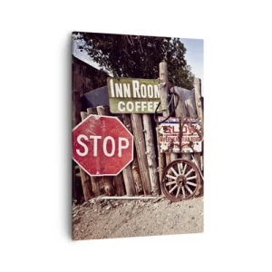 Cuadro sobre lienzo - Impresión de Imagen - Decoraciones rústicas con letreros y una rueda en la valla. - 50x70cm - Y el tiempo se detuvo - Decoración de pared moderna para salón y dormitorio ARTTOR