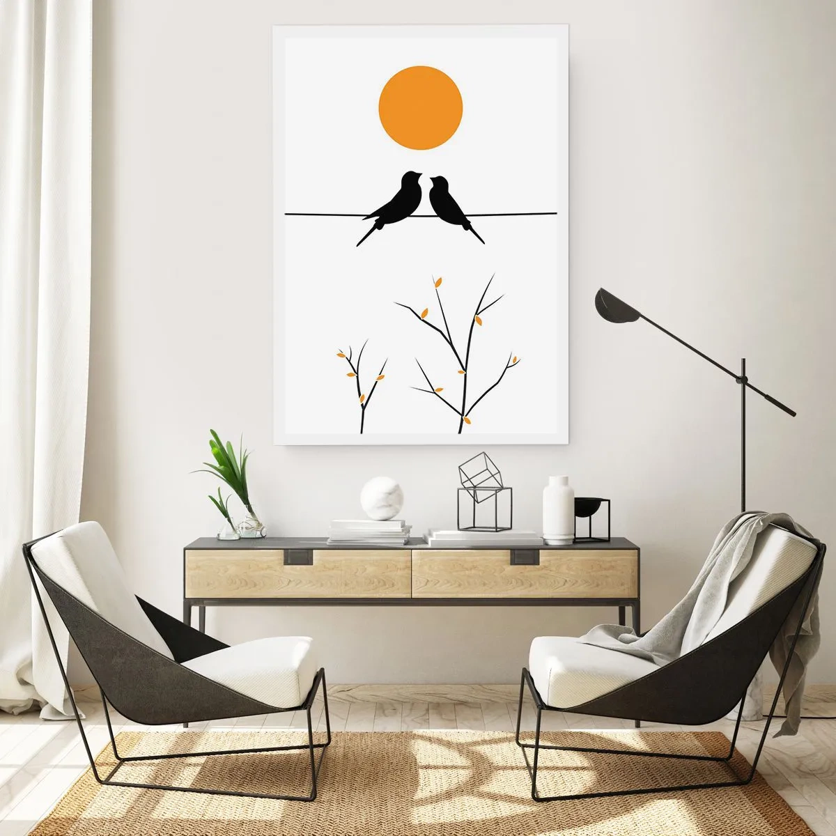 Póster - Dos pájaros en una rama con un sol naranja al fondo. - 50x70cm - Noche de ruiseñores - Decoración de pared moderna para salón y dormitorio ARTTOR