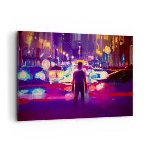 Cuadro sobre lienzo - Impresión de Imagen - Un hombre en una escena nocturna de la ciudad de neón. - 120x80cm - Inmerso en la luz - Decoración de pared moderna para salón y dormitorio ARTTOR