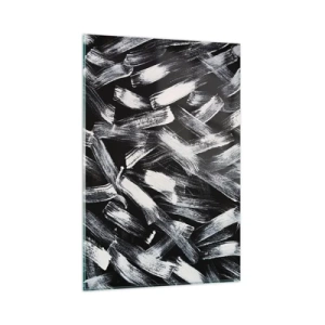 Cuadro sobre vidrio - Impresiones sobre Vidrio - Abstracción dinámica con pinceladas blancas sobre fondo negro. - 80x120cm - Abstracción en el espíritu industrial - Decoración de pared moderna para salón y dormitorio ARTTOR