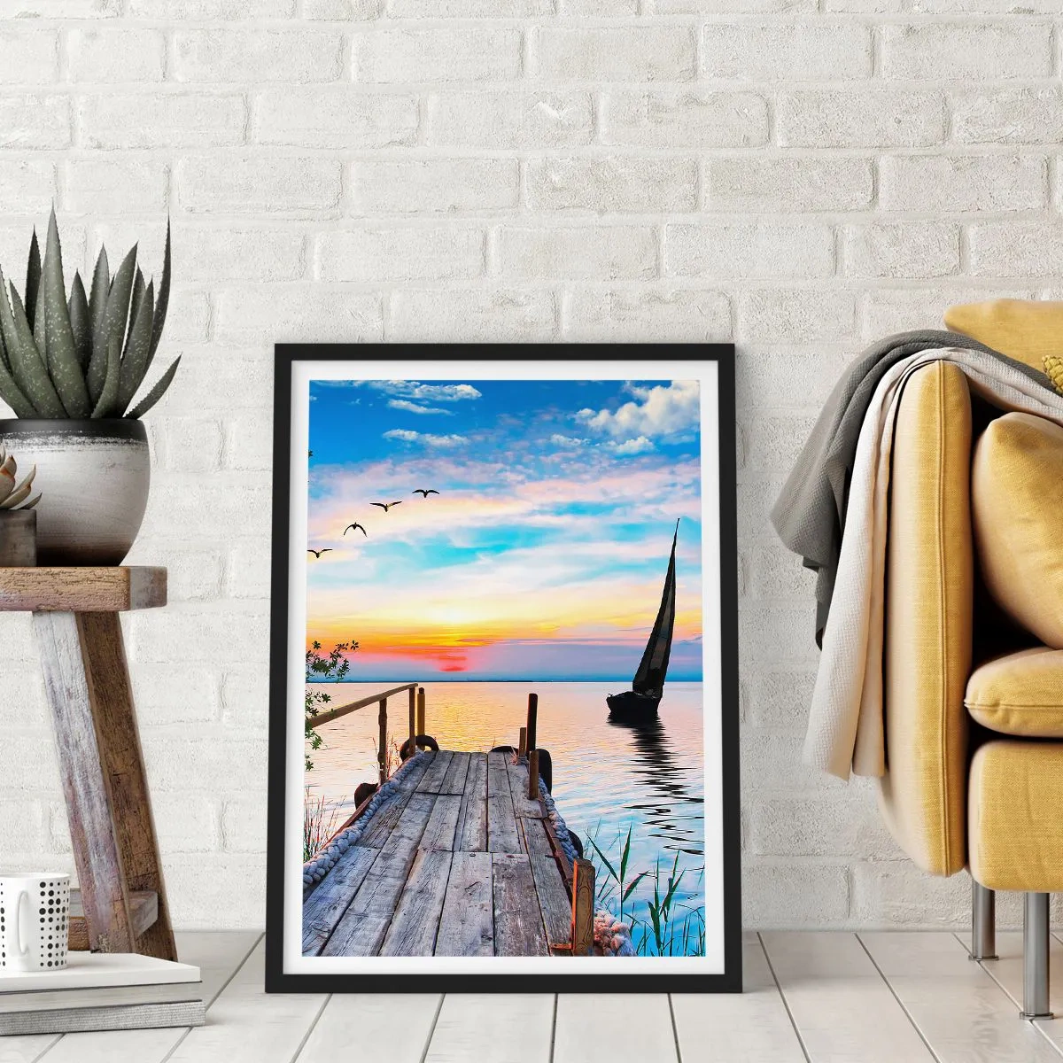 Póster en marco negro - Muelle junto al lago al atardecer - 50x70cm - Que llegue la noche - Decoración de pared moderna para salón y dormitorio ARTTOR