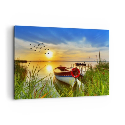 Cuadro sobre lienzo - Impresión de Imagen - Un barco en la orilla de un lago al atardecer. - 120x80cm - Los cormoranes están volando - Decoración de pared moderna para salón y dormitorio ARTTOR