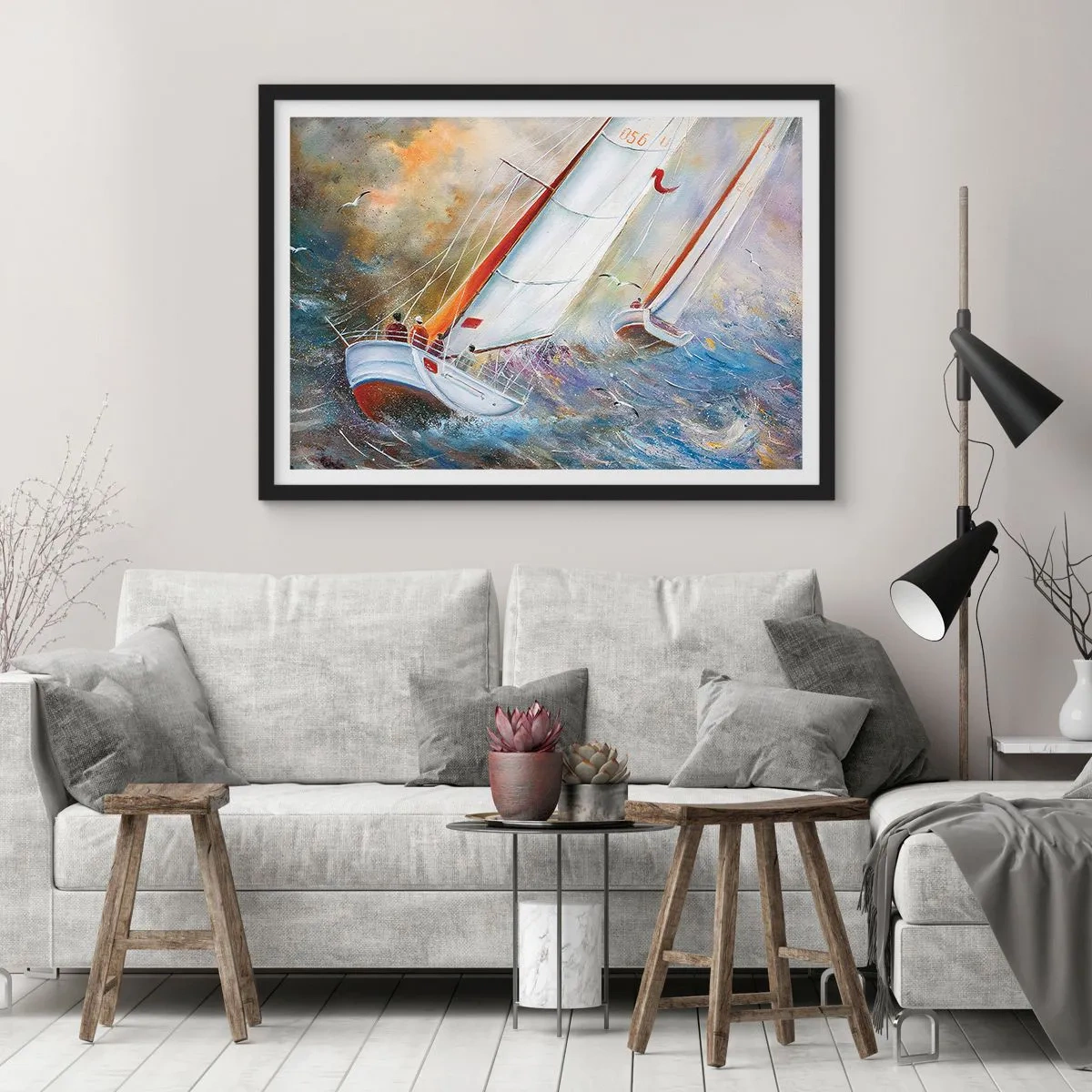 Póster en marco negro - Veleros sobre olas agitadas en una composición dinámica - 100x70cm - Surcando las olas - Decoración de pared moderna para salón y dormitorio ARTTOR