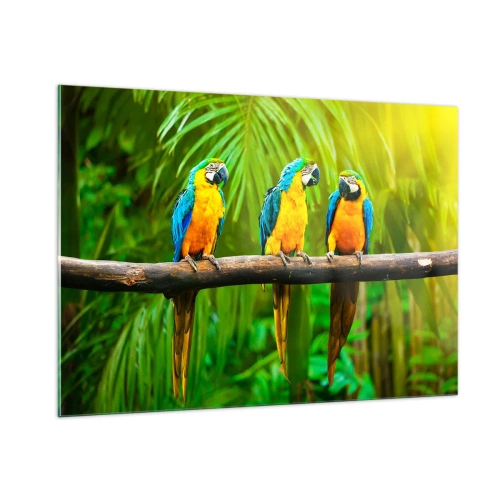 Cuadro sobre vidrio - Impresiones sobre Vidrio - Tres loros guacamayos en una rama en un bosque tropical - 100x70cm - ¿Y has oído que ella...? - Decoración de pared moderna para salón y dormitorio ARTTOR