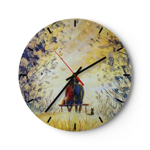 Reloj de pared - Reloj de vidrio - Una pareja sentada en un banco bajo la luz dorada de la naturaleza. - 30x30cm - Un momento mágico - Decoración de pared moderna para salón, cocina y dormitorio ARTTOR