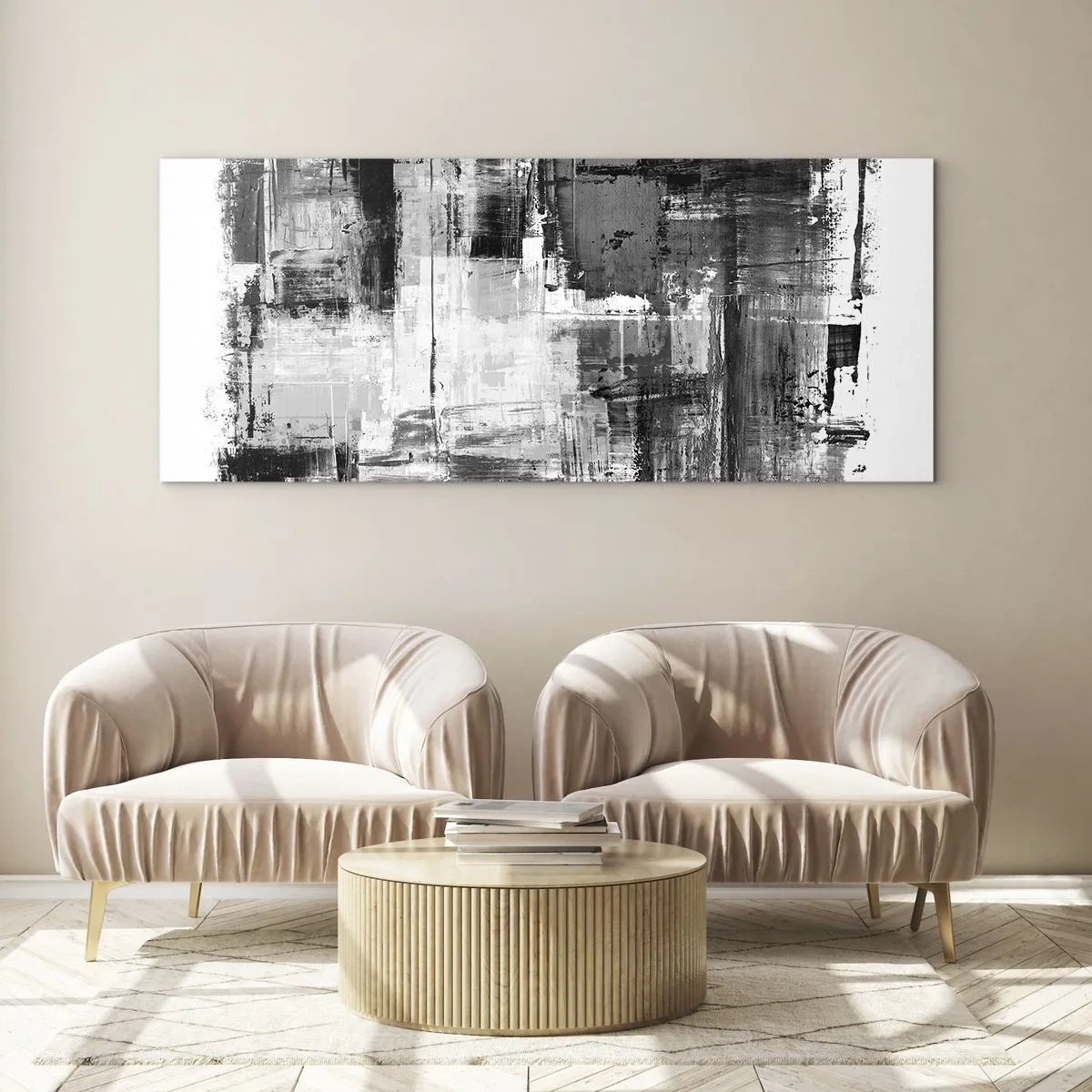 Cuadro sobre vidrio - Impresiones sobre Vidrio - Composición abstracta en blanco, negro y gris. - 140x50cm - El gris es hermoso - Decoración de pared moderna para salón y dormitorio ARTTOR