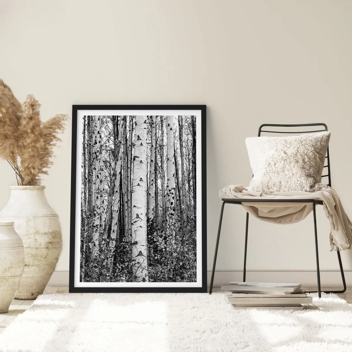 Póster en marco negro - Columnas de abedules - 50x70 cm