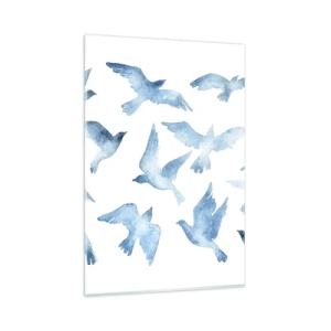Cuadro sobre vidrio - Impresiones sobre Vidrio - Una acuarela sutil que representa pájaros voladores. - 80x120cm - Pájaros azules - Decoración de pared moderna para salón y dormitorio ARTTOR