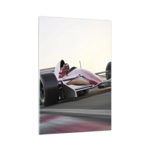 Cuadro sobre vidrio - Impresiones sobre Vidrio - Un coche rojo de Fórmula 1 en una pista de carreras mientras conduce - 70x100cm - Siempre el ganador - Decoración de pared moderna para salón y dormitorio ARTTOR