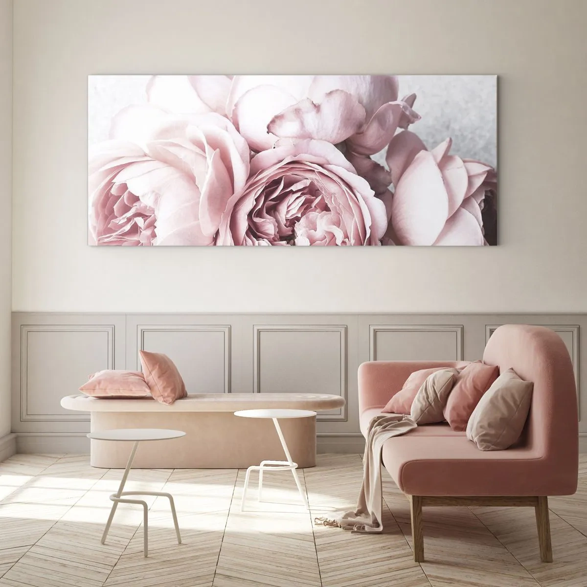 Cuadro sobre vidrio - Impresiones sobre Vidrio - Peonías rosas en una luz suave sobre un fondo claro. - 160x50cm - Para los románticos - Decoración de pared moderna para salón y dormitorio ARTTOR