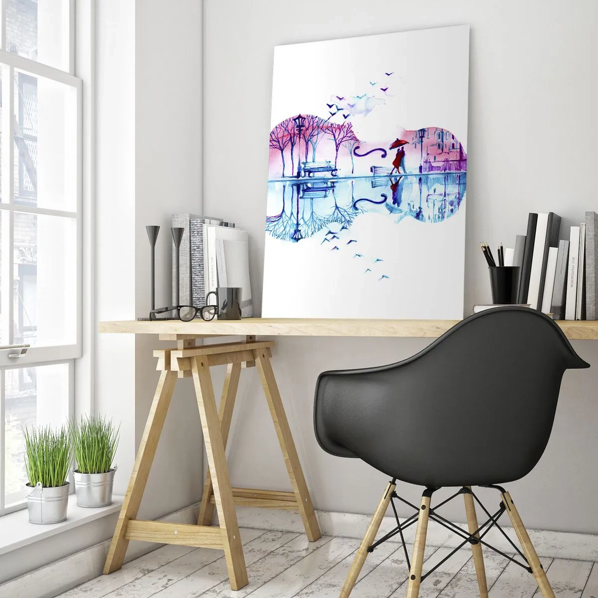 Cuadro sobre vidrio - Impresiones sobre Vidrio - Silueta de ciudad en forma de violín en colores de acuarela - 80x120cm - Te traeré cánticos de lluvia - Decoración de pared moderna para salón y dormitorio ARTTOR