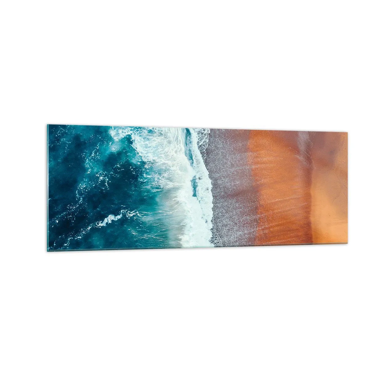 Cuadro sobre vidrio - Impresiones sobre Vidrio - Una vista de las olas del océano rompiendo en la playa dorada. - 140x50cm - Un toque de océano - Decoración de pared moderna para salón y dormitorio ARTTOR