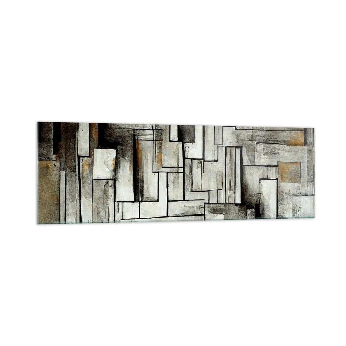 Cuadro sobre vidrio - Impresiones sobre Vidrio - Rectángulos abstractos en tonos de gris y negro. - 160x50cm - El poder de la sencillez - Decoración de pared moderna para salón y dormitorio ARTTOR