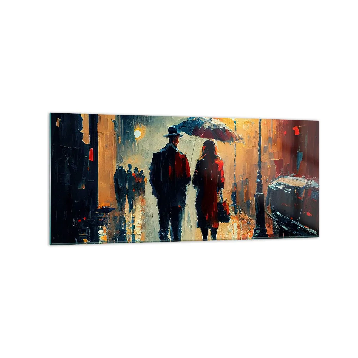 Cuadro sobre vidrio - Impresiones sobre Vidrio - Caminando bajo la lluvia bajo un paraguas en la ciudad por la noche. - 120x50cm - Historia de amor urbana - Decoración de pared moderna para salón y dormitorio ARTTOR