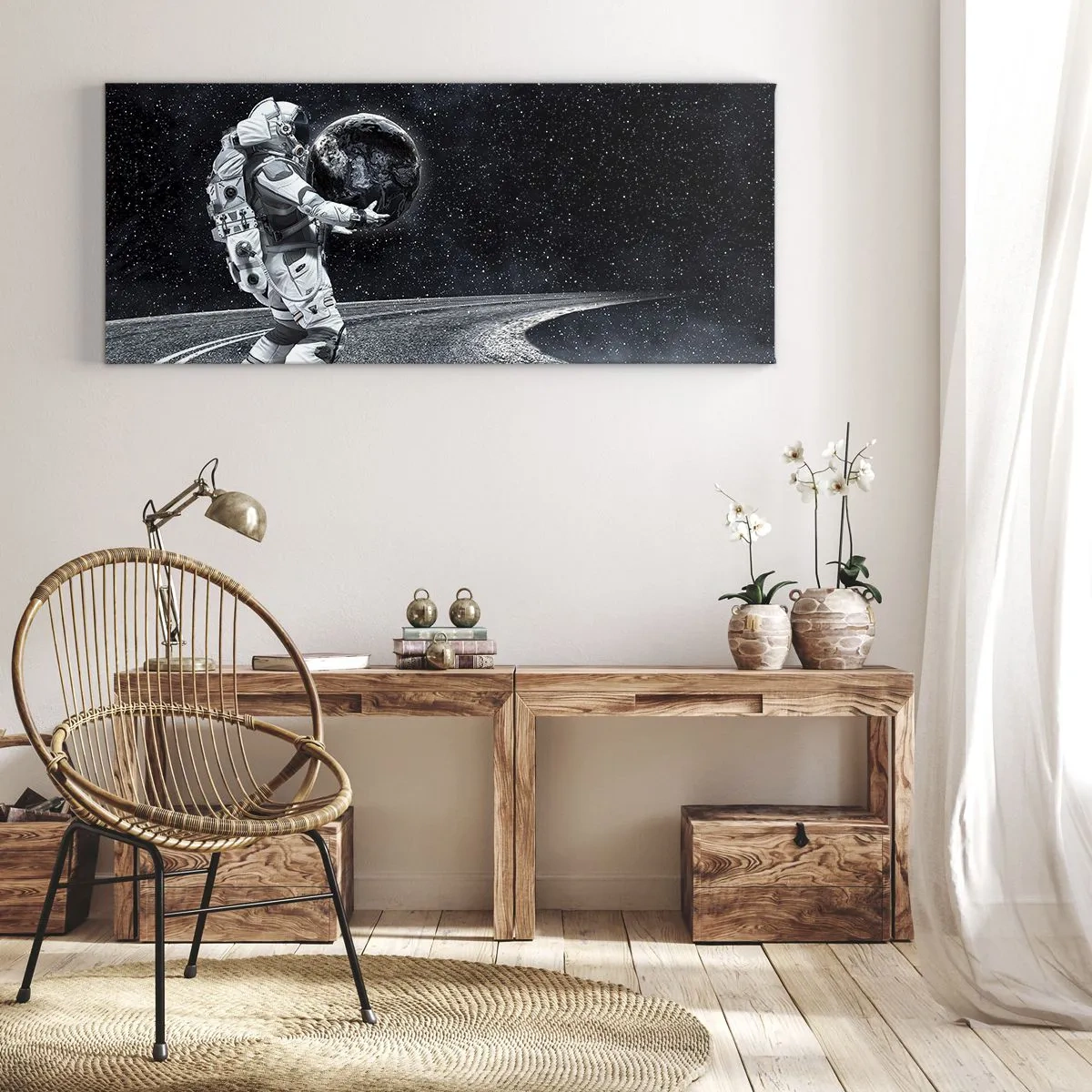 Cuadro sobre lienzo - Impresión de Imagen - Astronauta con la Tierra contra el cielo estrellado - 120x50cm - En la Vía Láctea - Decoración de pared moderna para salón y dormitorio ARTTOR
