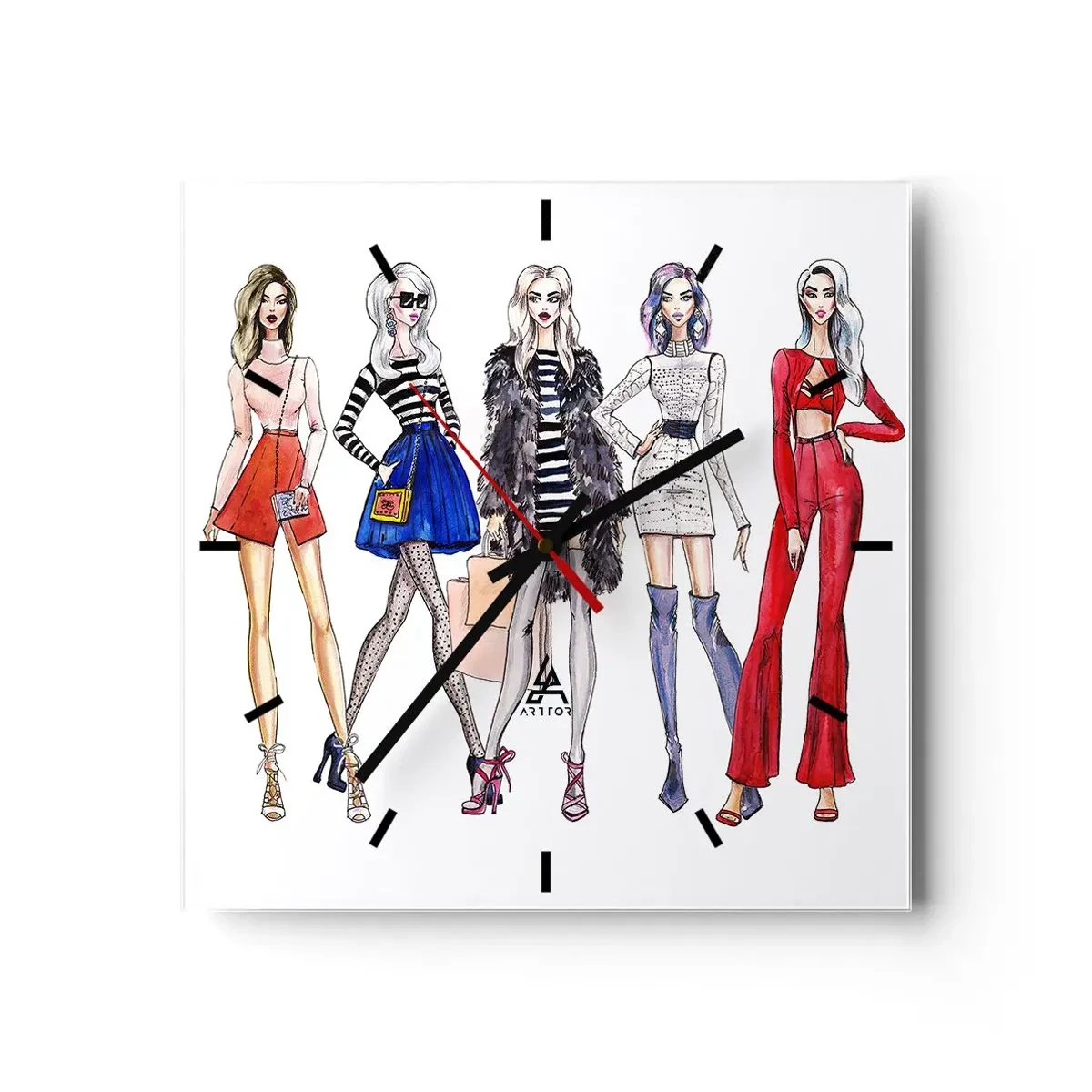 Reloj de pared - Reloj de vidrio - Ilustraciones elegantes de siluetas de moda - 30x30cm - Every week Fashion Week - Decoración de pared moderna para salón y dormitorio ARTTOR