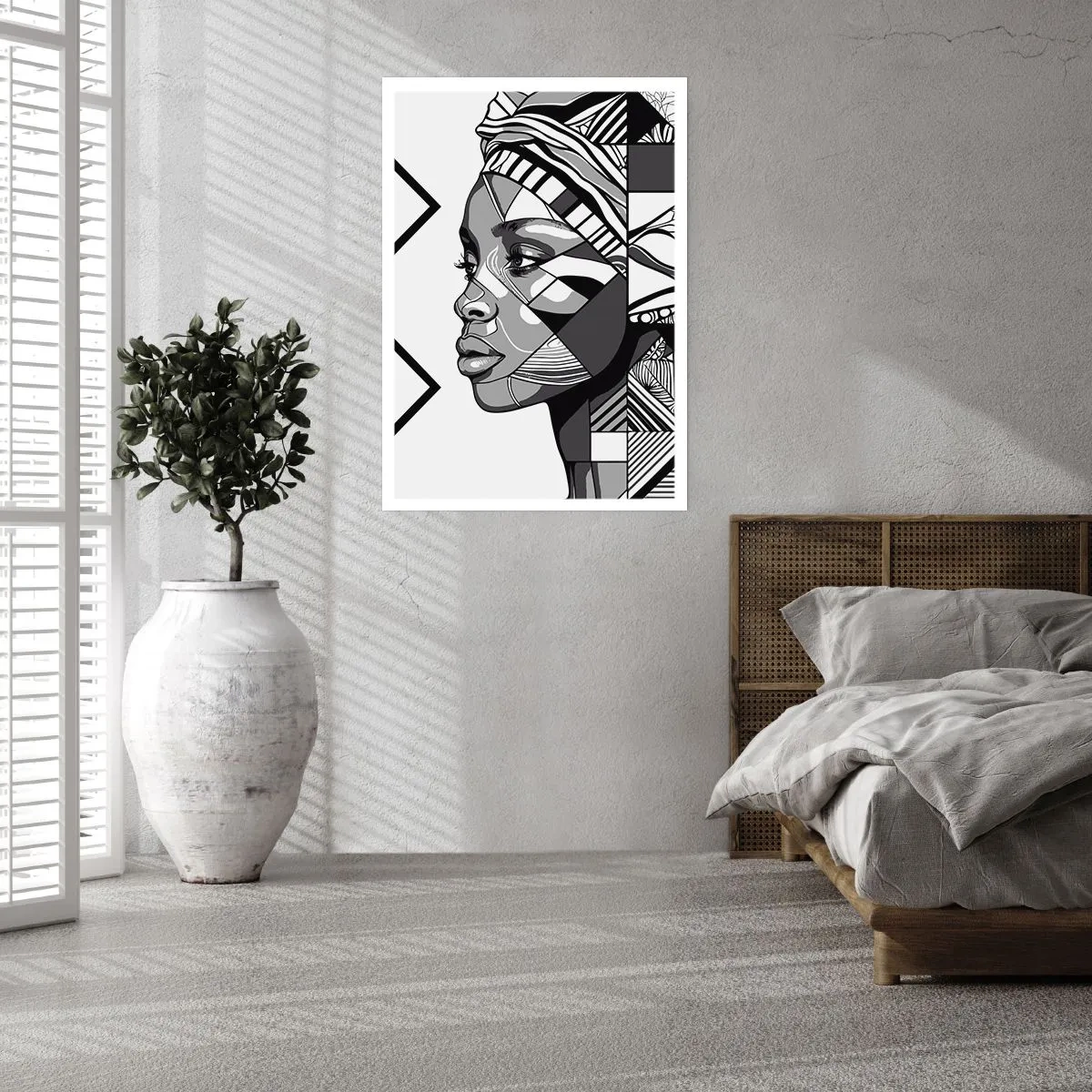Póster - Retrato geométrico de una mujer en blanco y negro. - 50x70cm - Retrato étnico - Decoración de pared moderna para salón y dormitorio ARTTOR