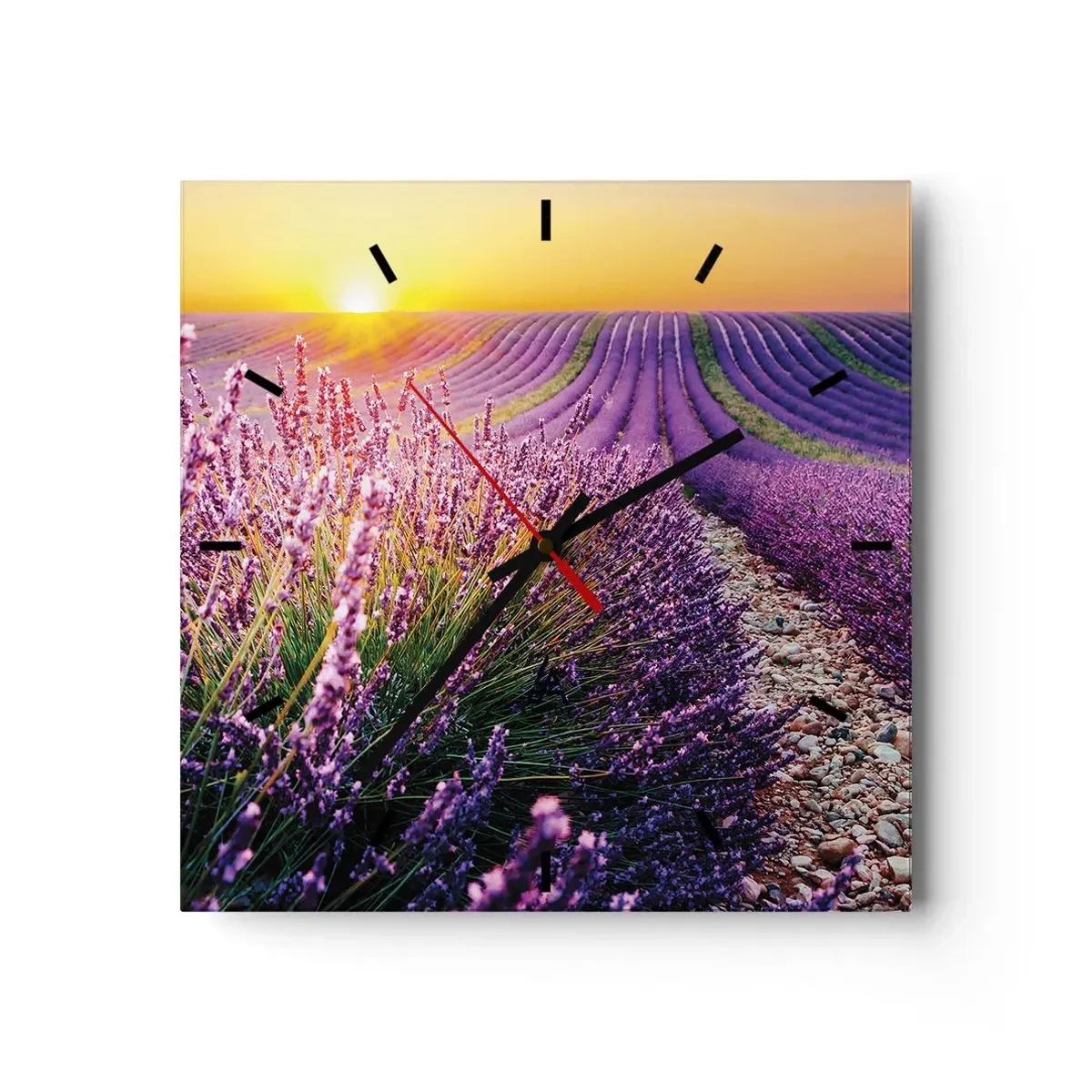 Reloj de pared - Reloj de vidrio - Campo de lavanda al atardecer - 30x30cm - Pradera fragante - Decoración de pared moderna para salón y dormitorio ARTTOR