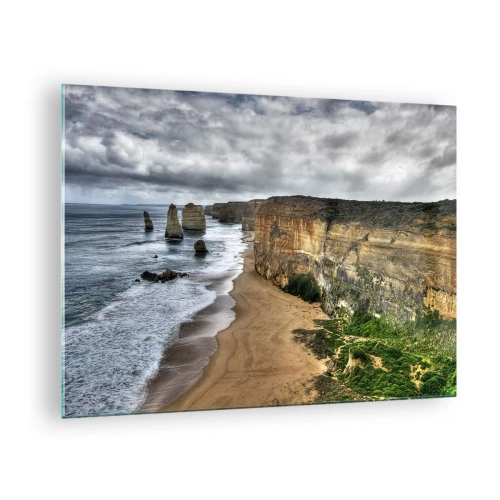 Cuadro sobre vidrio - Impresiones sobre Vidrio - Acantilados con vistas al océano y la playa bajo un cielo nublado - 70x50cm - Belleza en bruto - Decoración de pared moderna para salón y dormitorio ARTTOR