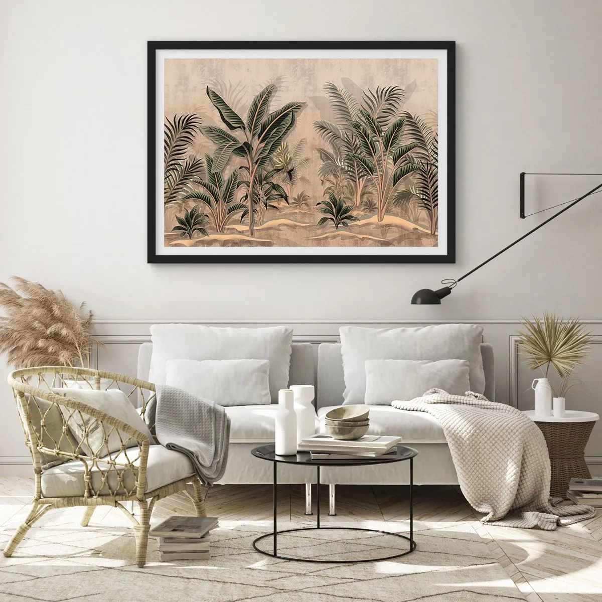 Póster en marco negro - Palmeras y vegetación tropical en tonos verdes sobre fondo beige. - 70x50cm - Grabados de estilo colonial - Decoración de pared moderna para salón y dormitorio ARTTOR