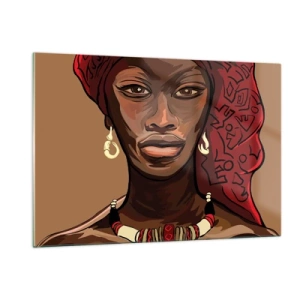 Cuadro sobre vidrio - Impresiones sobre Vidrio - Retrato estilizado de una mujer con turbante rojo y joyas. - 120x80cm - Venus de ébano - Decoración de pared moderna para salón y dormitorio ARTTOR