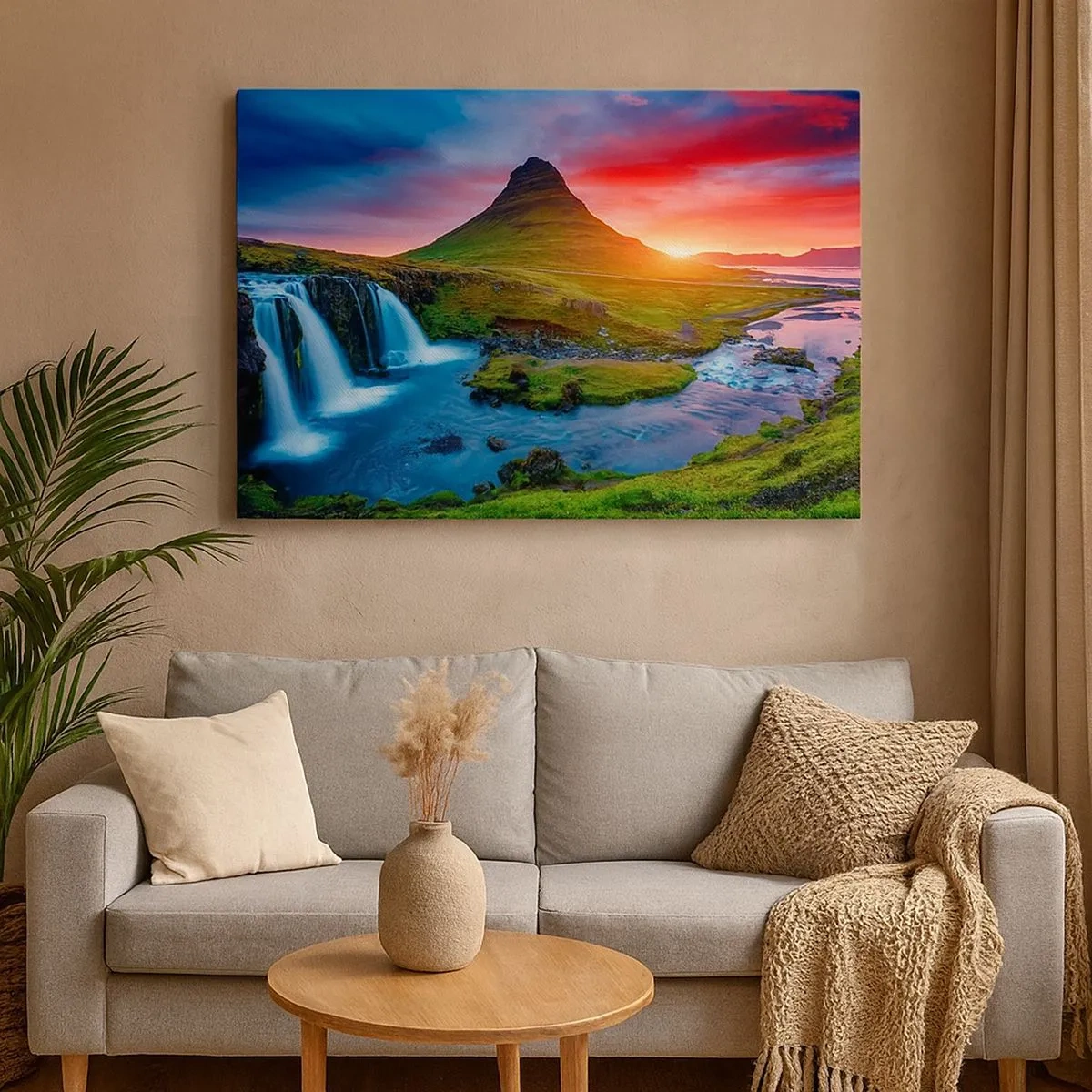 Cuadro sobre lienzo - Impresión de Imagen - Cascada pintoresca y montaña al atardecer - 70x50cm - Islandia - fuego y agua - Decoración de pared moderna para salón y dormitorio ARTTOR
