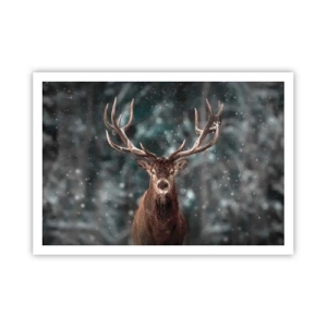 Póster - Ciervos en un bosque invernal con nieve cayendo - 100x70cm - Coronado rey del bosque - Decoración de pared moderna para salón y dormitorio ARTTOR