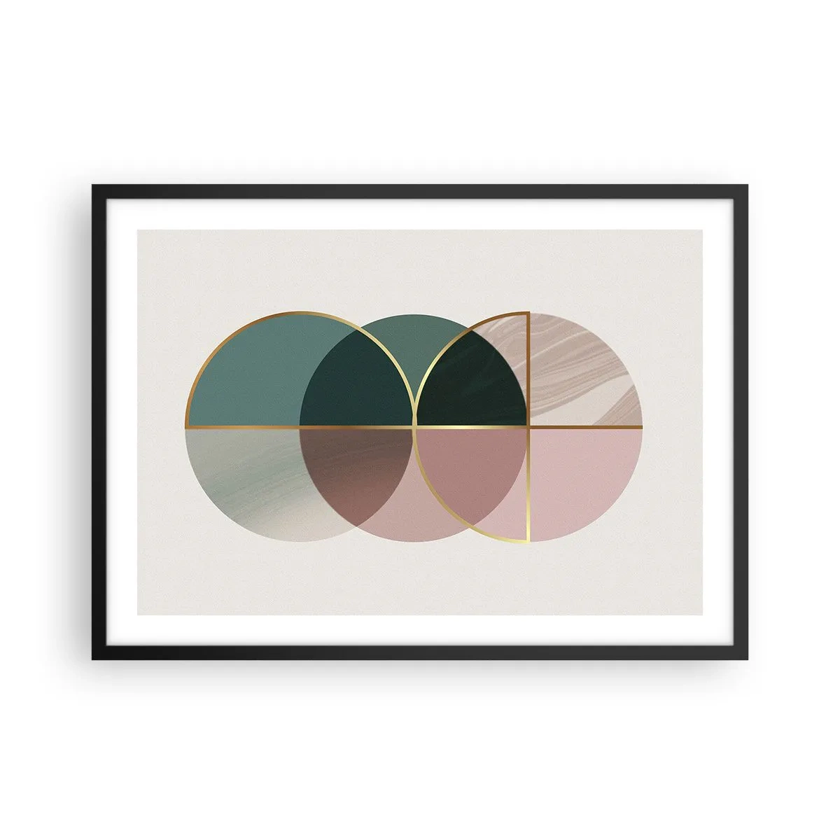 Póster en marco negro - Una composición abstracta de formas geométricas y líneas doradas. - 70x50cm - Círculo tras círculo... - Decoración de pared moderna para salón y dormitorio ARTTOR