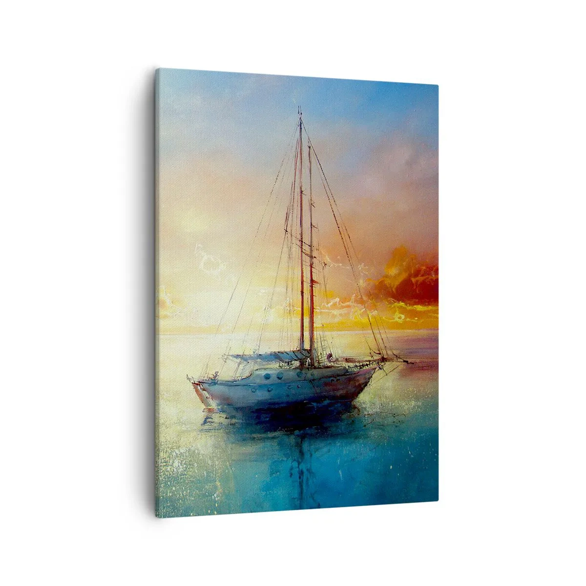 Cuadro sobre lienzo - Impresión de Imagen - Un yate en un mar tranquilo al atardecer. - 50x70cm - En una bahía dorada - Decoración de pared moderna para salón y dormitorio ARTTOR