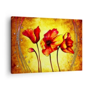 Cuadro sobre lienzo - Impresión de Imagen - Flores rojas y amarillas sobre un fondo dorado con patrones decorativos. - 70x50cm - En decoración Art Nouveau - Decoración de pared moderna para salón y dormitorio ARTTOR