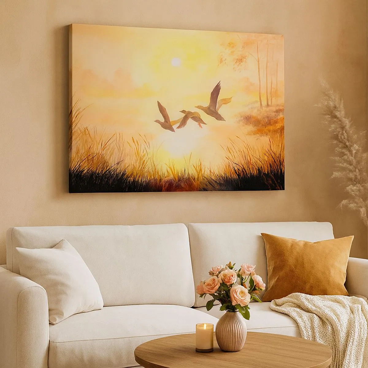Cuadro sobre lienzo - Impresión de Imagen - Patos volando al amanecer sobre el lago - 70x50cm - El comienzo de un largo viaje - Decoración de pared moderna para salón y dormitorio ARTTOR