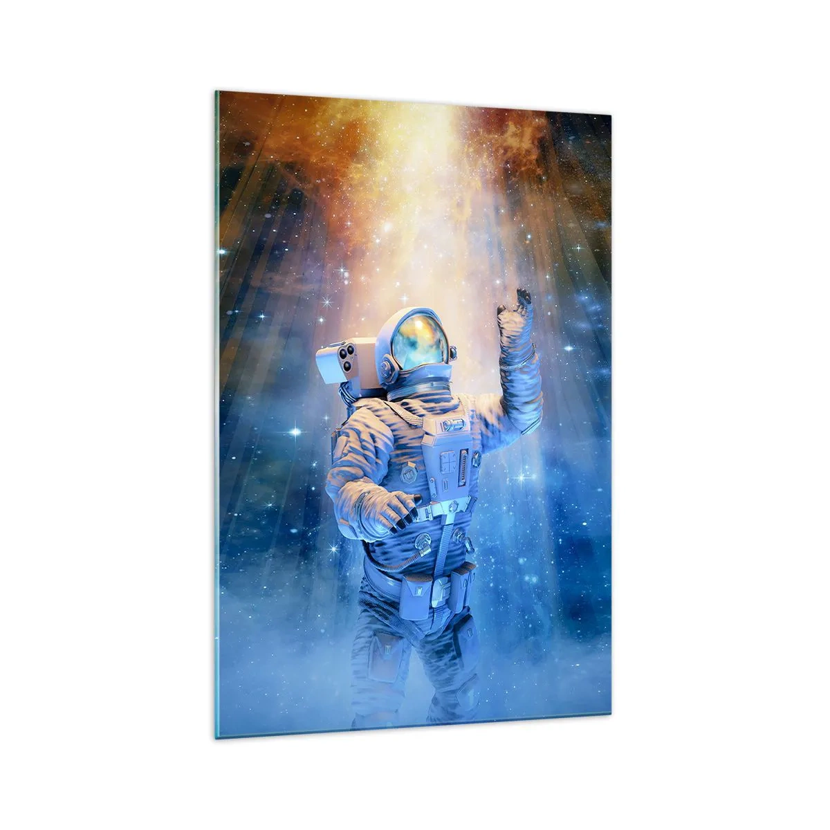 Cuadro sobre vidrio - Impresiones sobre Vidrio - Astronauta a la luz de una explosión cósmica llena de estrellas - 70x100cm - El descubrimiento - Decoración de pared moderna para salón y dormitorio ARTTOR