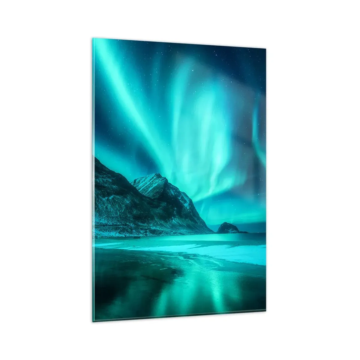Cuadro sobre vidrio - Impresiones sobre Vidrio - Aurora boreal sobre un paisaje invernal montañoso - 80x120cm - Maravillas del norte - Decoración de pared moderna para salón y dormitorio ARTTOR