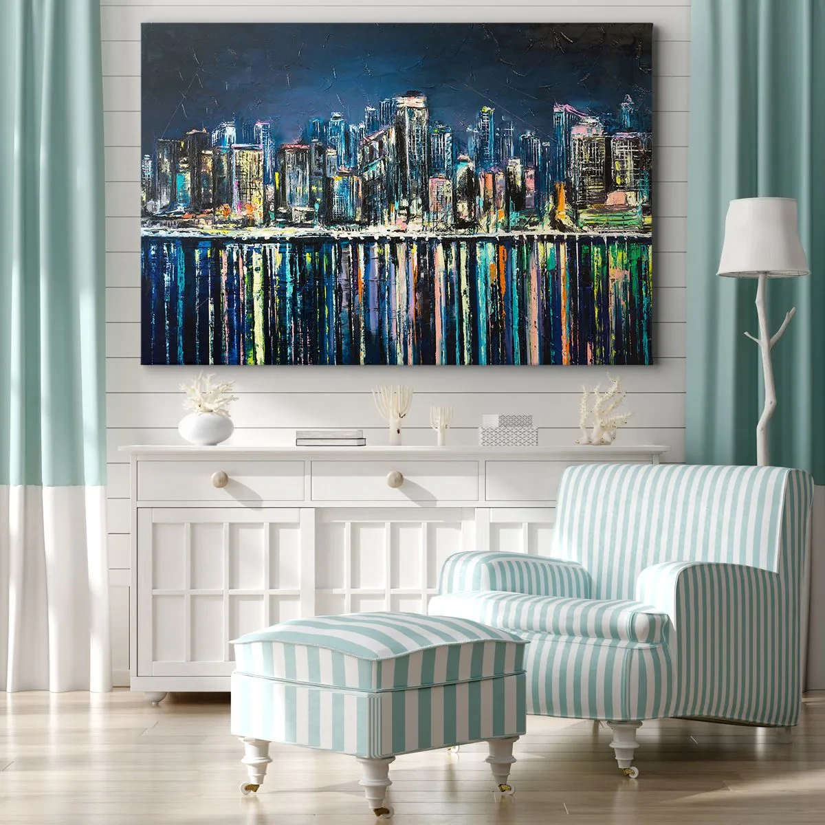 Cuadro sobre lienzo - Impresión de Imagen - Panorama de la ciudad nocturna reflejada en el agua. - 70x50cm - Una cascada de luces - Decoración de pared moderna para salón y dormitorio ARTTOR