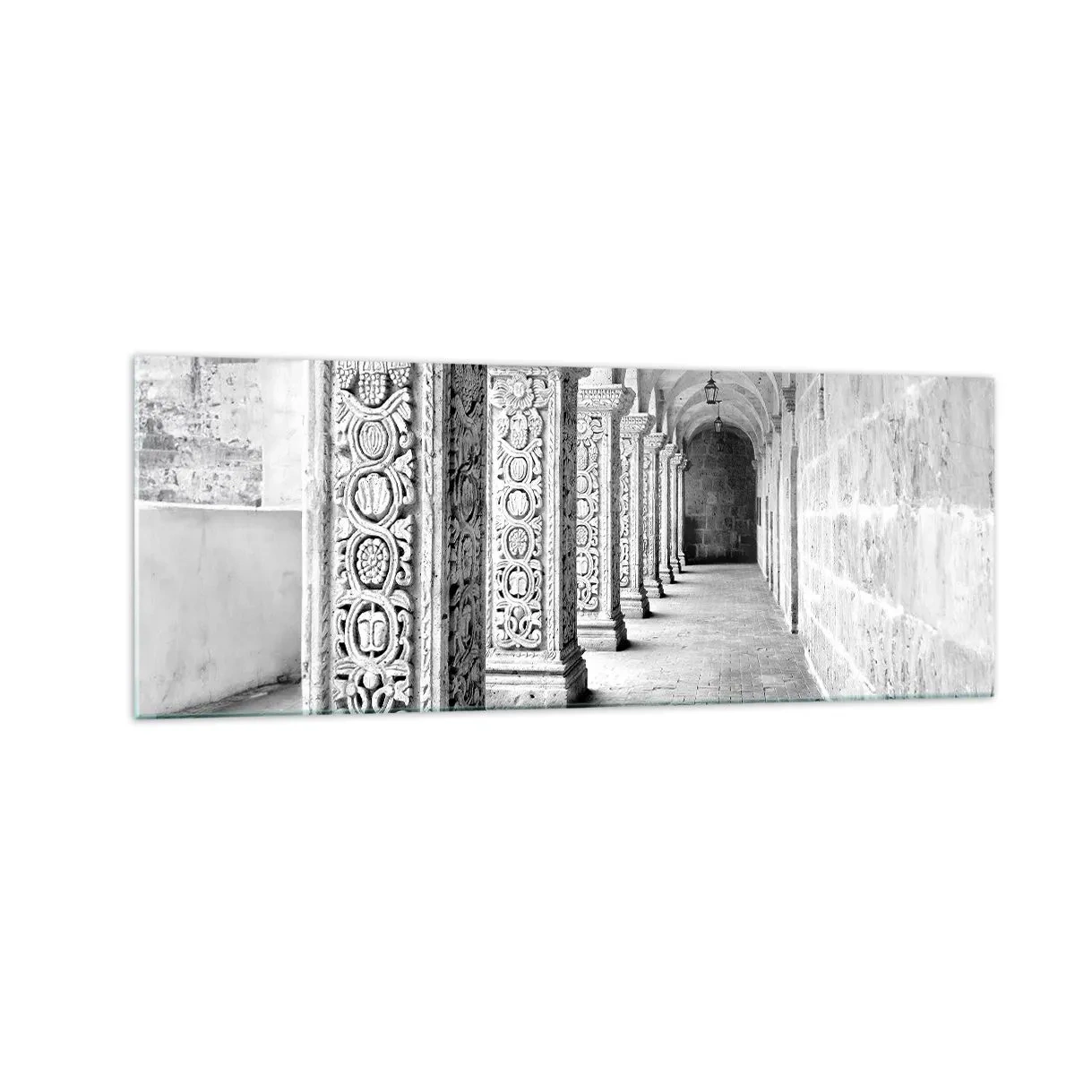 Cuadro sobre vidrio - Impresiones sobre Vidrio - Columnas históricas en una toma monocromática - 140x50cm - ¿Y adónde nos llevará...? - Decoración de pared moderna para salón y dormitorio ARTTOR