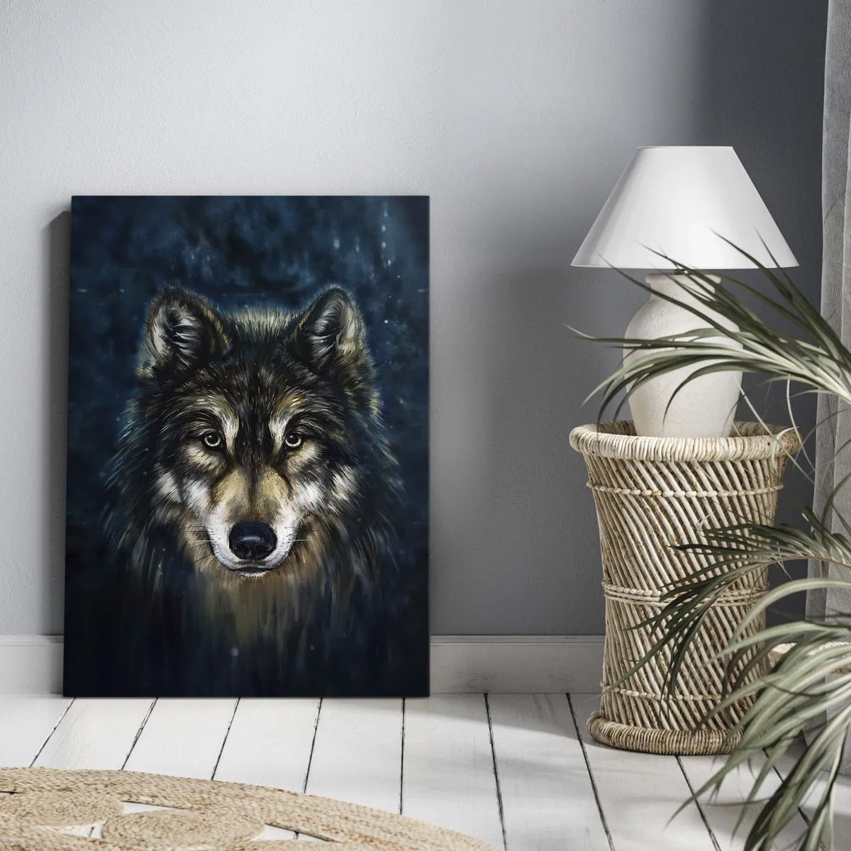 Cuadro sobre lienzo - Impresión de Imagen - Retrato de un lobo sobre un fondo azul oscuro - 50x70cm - ¿Alfa? Y omega - Decoración de pared moderna para salón y dormitorio ARTTOR