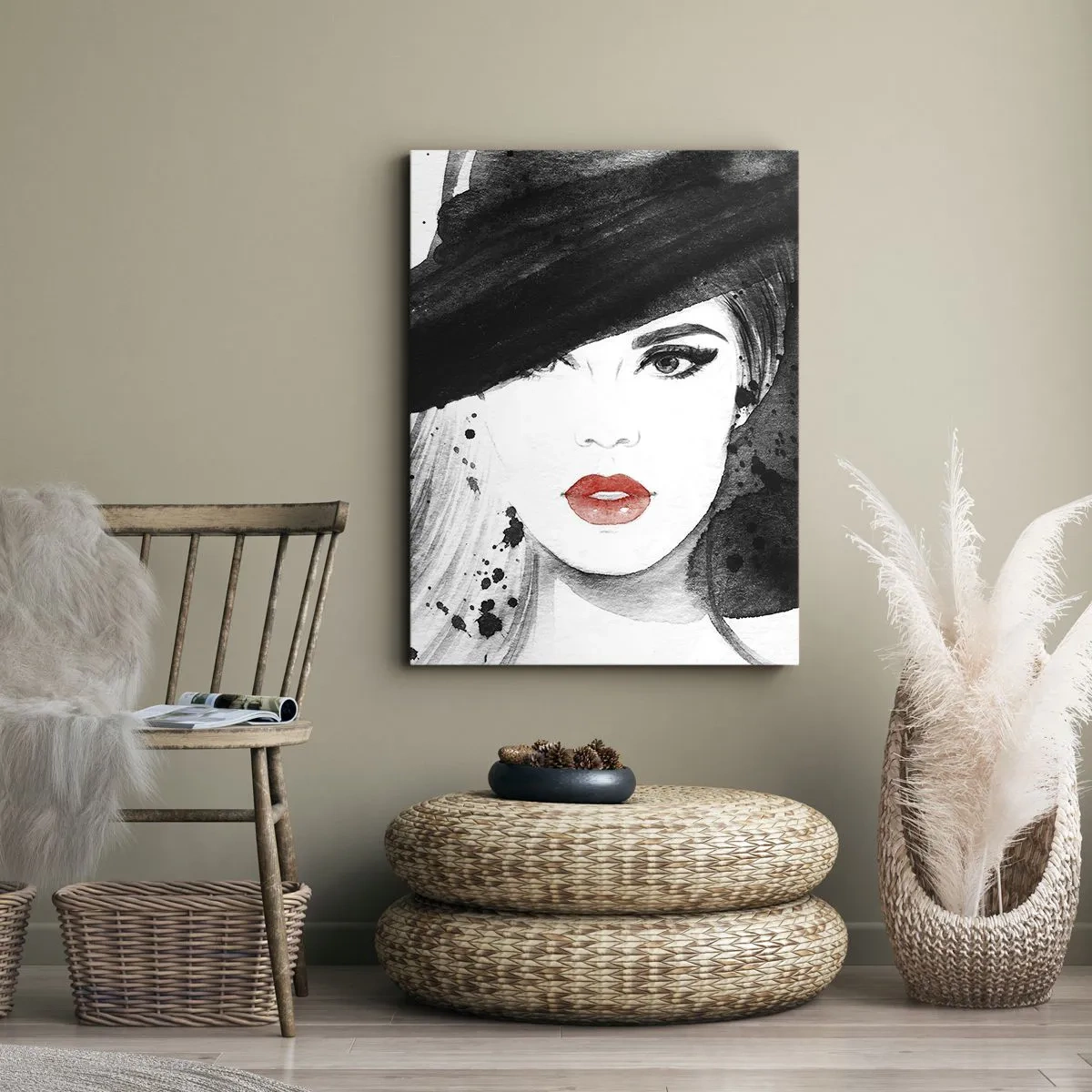 Cuadro sobre lienzo - Impresión de Imagen - Retrato de una mujer con sombrero y labios rojos. - 50x70cm - Dama de negro - Decoración de pared moderna para salón y dormitorio ARTTOR