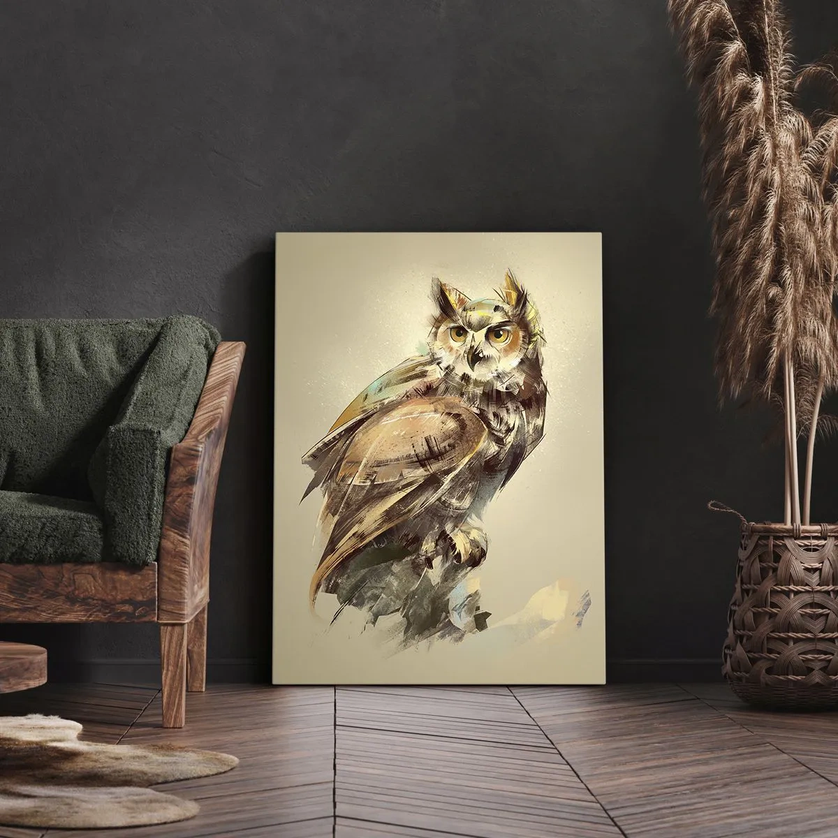 Cuadro sobre lienzo - Impresión de Imagen - Retrato artístico de un búho sobre un fondo claro en tonos cálidos. - 50x70cm - Sabiduría de búho - Decoración de pared moderna para salón y dormitorio ARTTOR