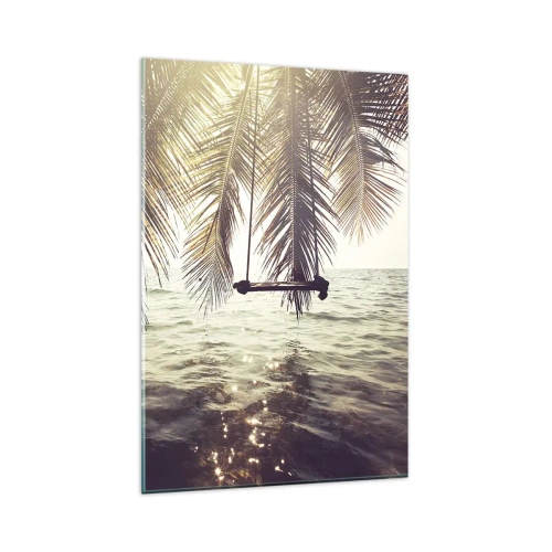 Cuadro sobre vidrio - Impresiones sobre Vidrio - Palmera con columpio sobre el agua bajo la luz del sol. - 80x120cm - Columpiar la imaginación - Decoración de pared moderna para salón y dormitorio ARTTOR