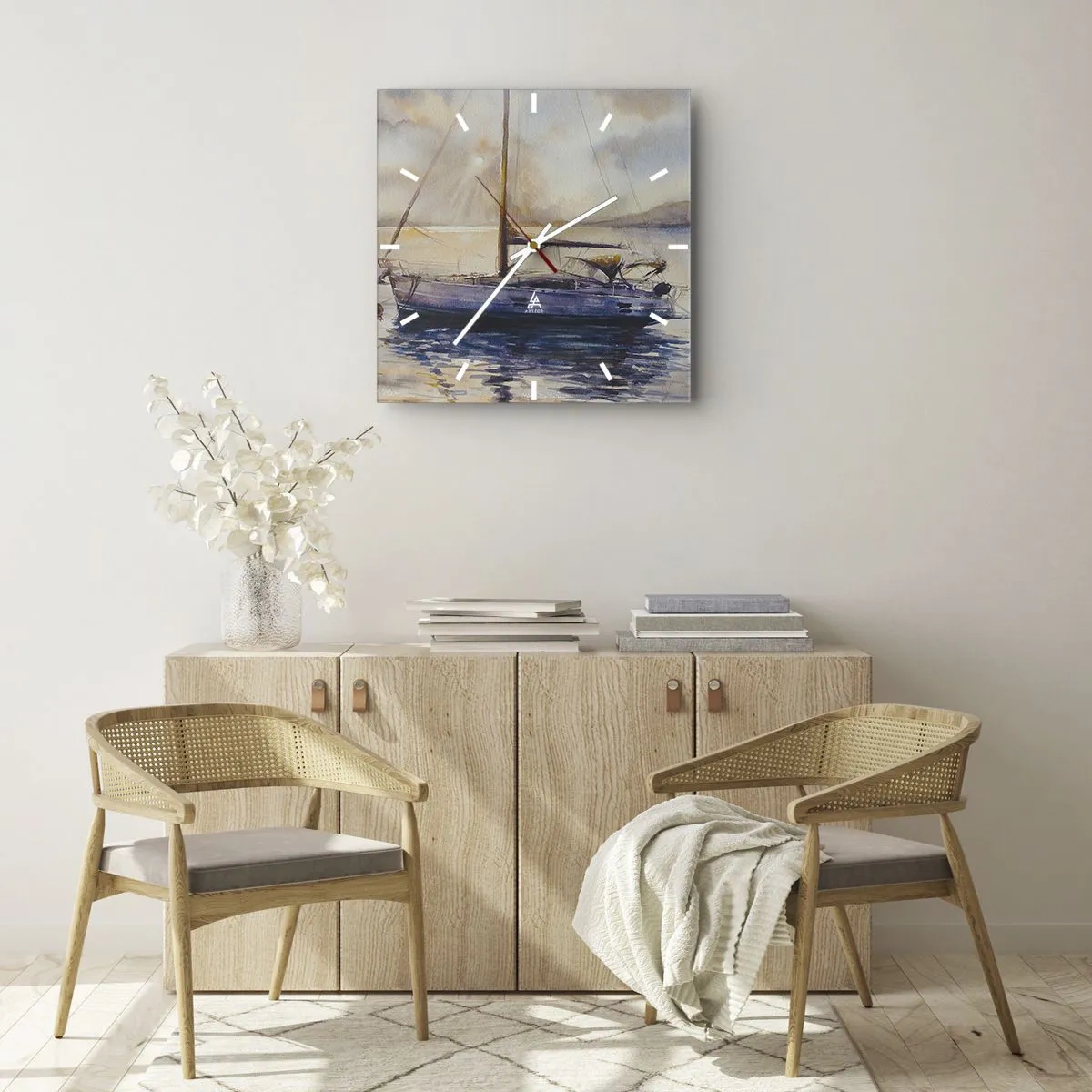 Reloj de pared - Reloj de vidrio - Un yate en un mar tranquilo al atardecer. - 30x30cm - Atardecer en la bahía - Decoración de pared moderna para salón y dormitorio ARTTOR