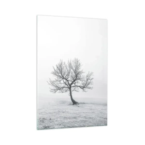 Cuadro sobre vidrio - Impresiones sobre Vidrio - Un árbol solitario en la niebla invernal en un campo vacío. - 80x120cm - Contra la nada - Decoración de pared moderna para salón y dormitorio ARTTOR