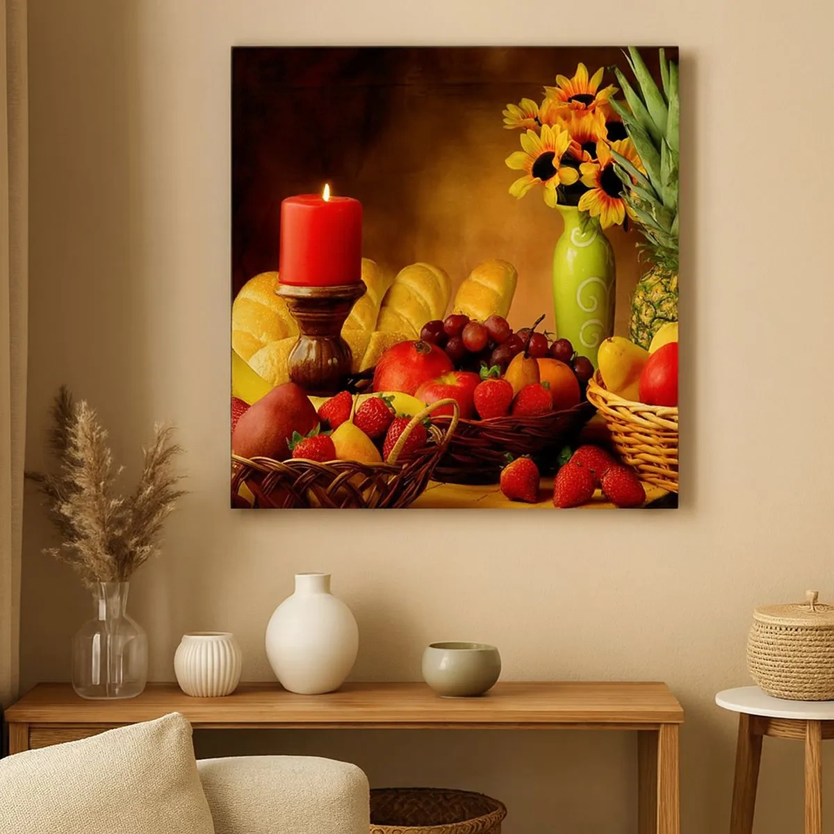 Cuadro sobre lienzo - Impresión de Imagen - Bodegón con pan y fruta - 30x30 cm