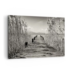 Cuadro sobre lienzo - Impresión de Imagen - Un embarcadero de madera entre hierbas altas sobre un lago de tonos sepia. - 100x70cm - En la quietud de los juncos - Decoración de pared moderna para salón y dormitorio ARTTOR