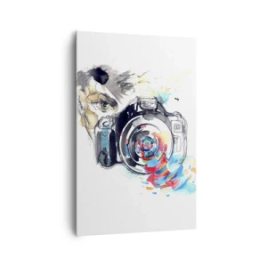 Cuadro sobre lienzo - Impresión de Imagen - Cámara de acuarela con detalles coloridos. - 80x120cm - En el objetivo - Decoración de pared moderna para salón y dormitorio ARTTOR