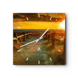 Reloj de pared - Reloj de vidrio - Un camino de madera que conduce a la playa bajo el resplandor del sol poniente. - 30x30cm - Bañado en oro viejo - Decoración de pared moderna para salón y dormitorio ARTTOR