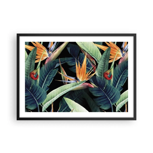 Póster en marco negro - Flores y hojas tropicales sobre fondo negro. - 70x50cm - Flores de llamas de los trópicos - Decoración de pared moderna para salón y dormitorio ARTTOR