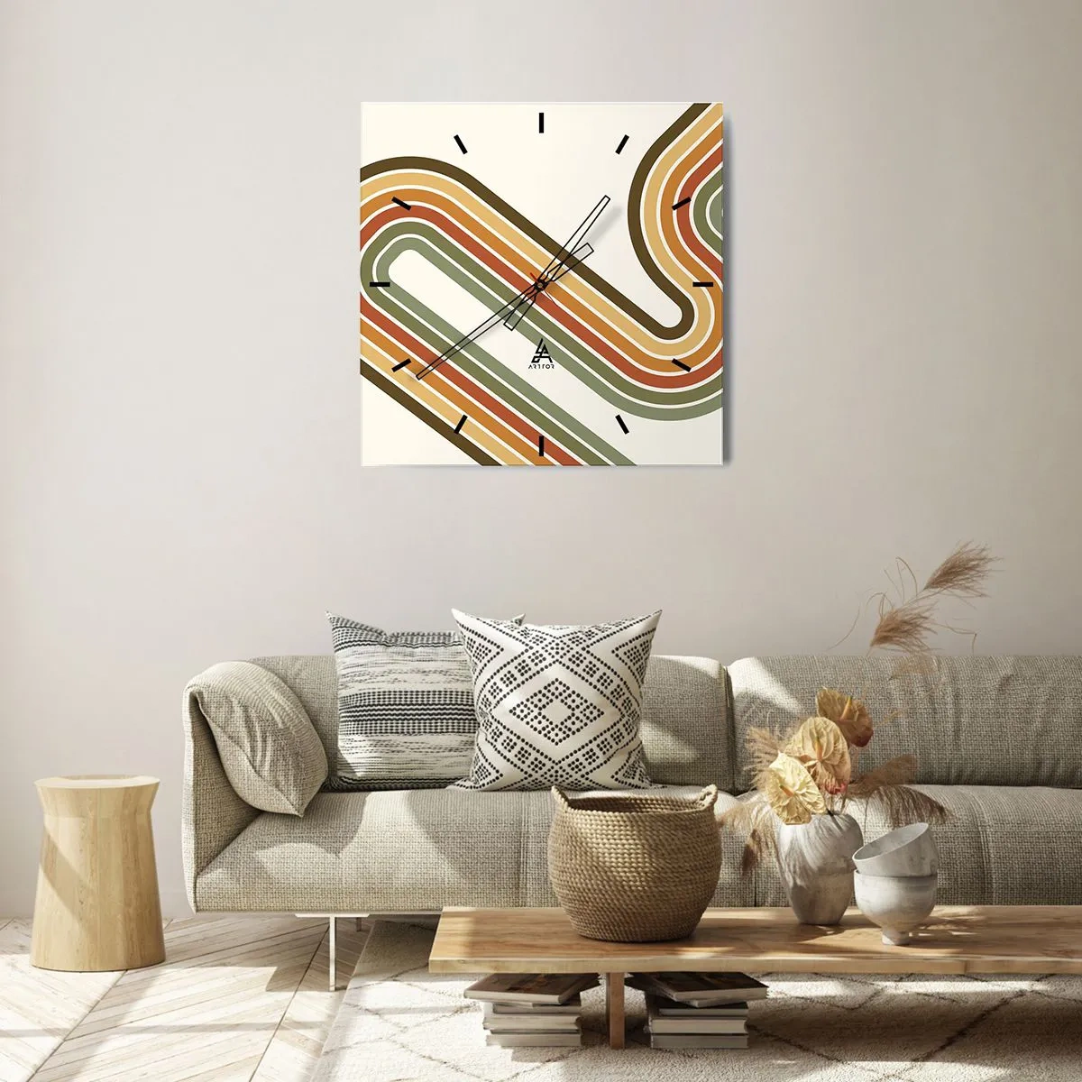 Reloj de pared - Reloj de vidrio - Patrón geométrico en tonos verde, naranja y beige sobre un fondo claro. - 30x30cm - Zigzagueando hasta su destino - Decoración de pared moderna para salón y dormitorio ARTTOR