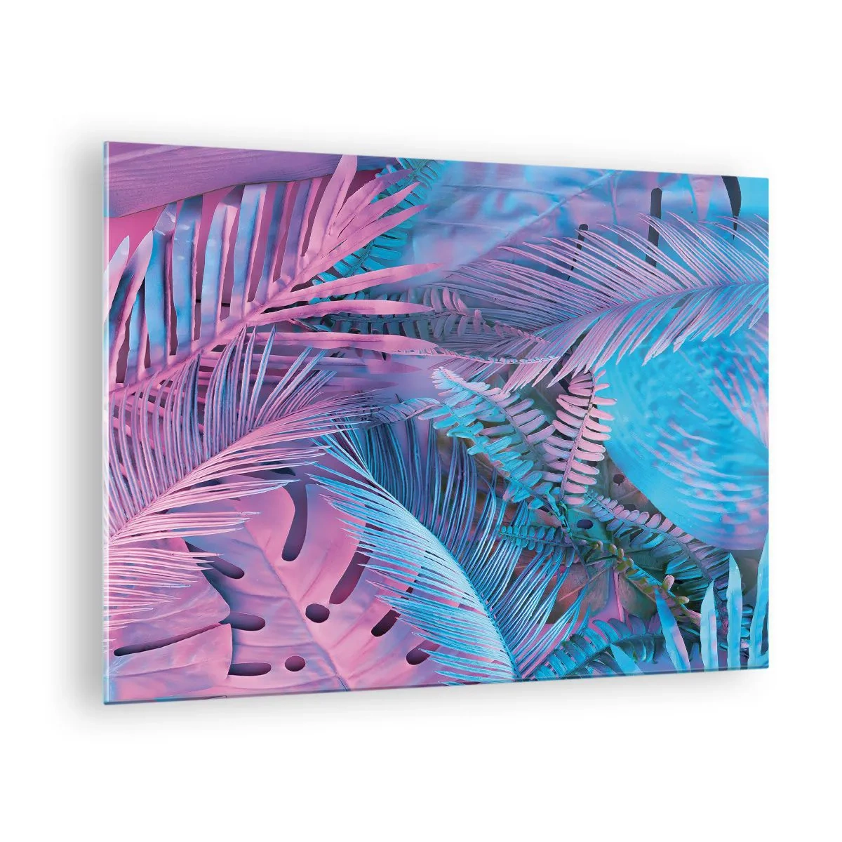 Cuadro sobre vidrio - Impresiones sobre Vidrio - Hojas tropicales en tonos rosa y azul sobre un fondo neón. - 70x50cm - Trópicos en rosa y azul - Decoración de pared moderna para salón y dormitorio ARTTOR