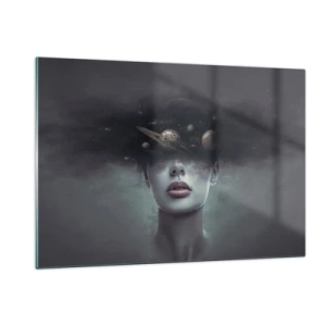 Cuadro sobre vidrio - Impresiones sobre Vidrio - Una mujer con planetas por cabeza en una composición surrealista. - 120x80cm - Y los planetas sienten... - Decoración de pared moderna para salón y dormitorio ARTTOR
